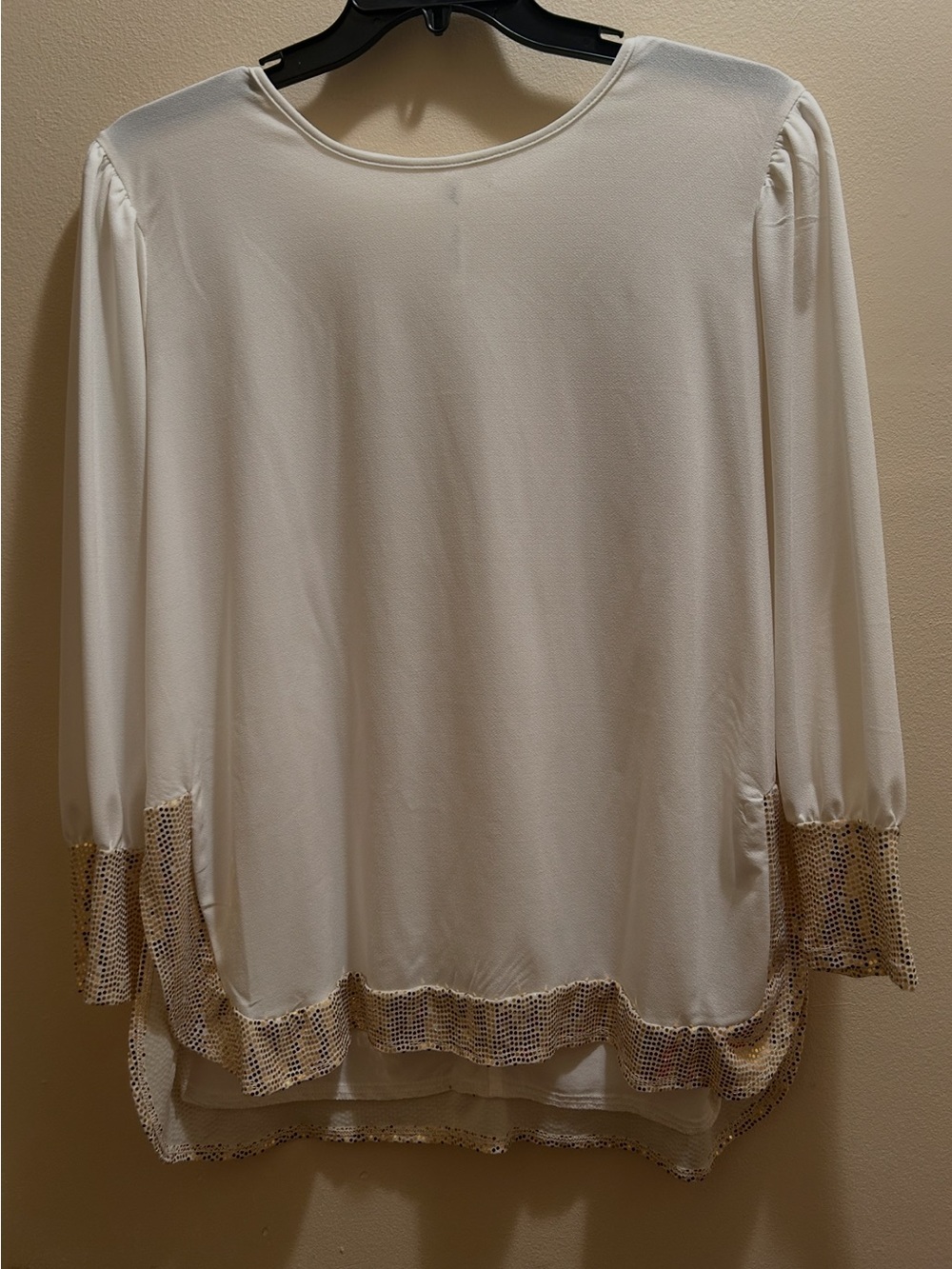 White Long-Sleeve Blouse with Sequin Trim